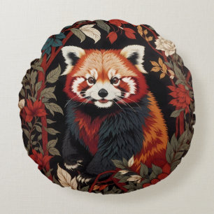 Elegant Red Panda William Morris Inspired Floral Round Pillow
