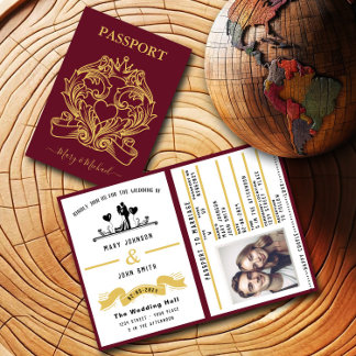 Elegant Red Passport Style Wedding Invitation
