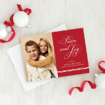 Elegant Red Peace and Joy Script Photo Holiday Card<br><div class="desc">A stylish and contemporary greeting card features a vertical photo display and "Peace and Joy" in an decorative script font on the front,  and a pattern of diagonal stripes on the back.  Red and white design colours.</div>