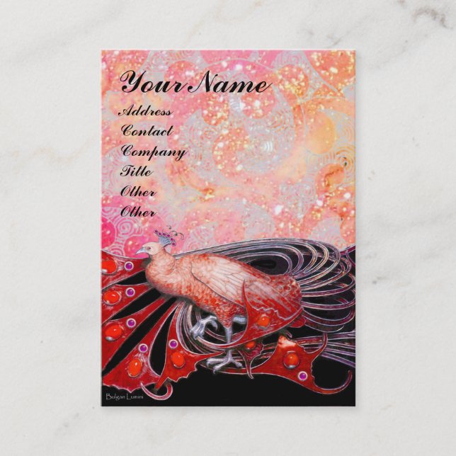 ELEGANT RED PEACOCK ,PINK GOLD SPARKLES AND SWIRLS BUSINESS CARD (Front)