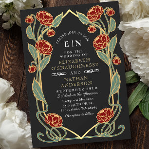 Elegant Red Peony Art Nouveau Floral Wedding Invitation