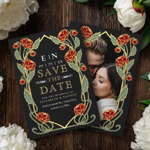 Elegant Red Peony Art Nouveau Wedding Photo Save The Date