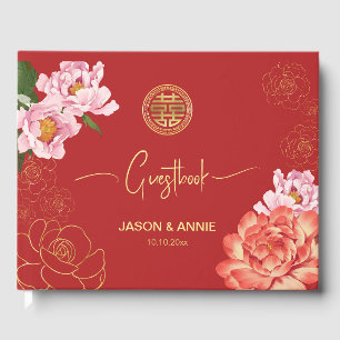 Elegant Red Peony Chinese Wedding Welcome Guest Book