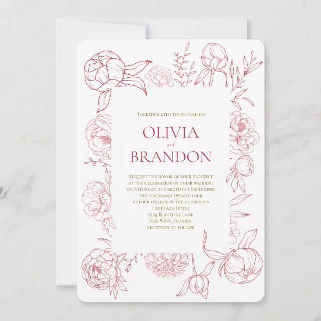 Elegant Red Peony Floral Line Drawing Wedding Invitation (Front)
