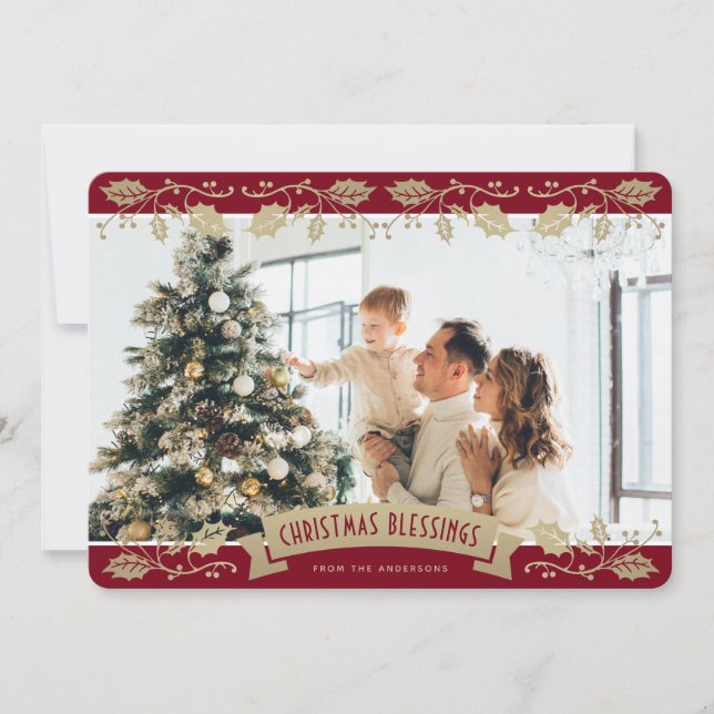 Elegant Red Photo Christmas Blessings Christian Holiday Card (Front)