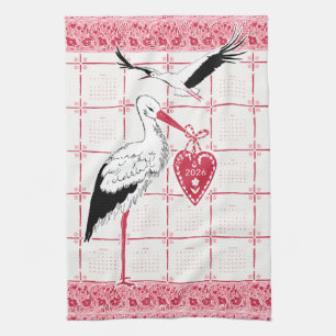 Elegant Red Pink Alsatian Folk Stork 2026 Calendar Kitchen Towel