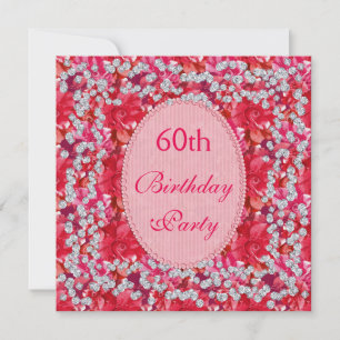 Elegant Red/Pink Floral & Diamonds 60th Birthday Invitation