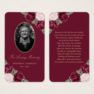 Elegant Red Pink Floral Funeral Prayer Card