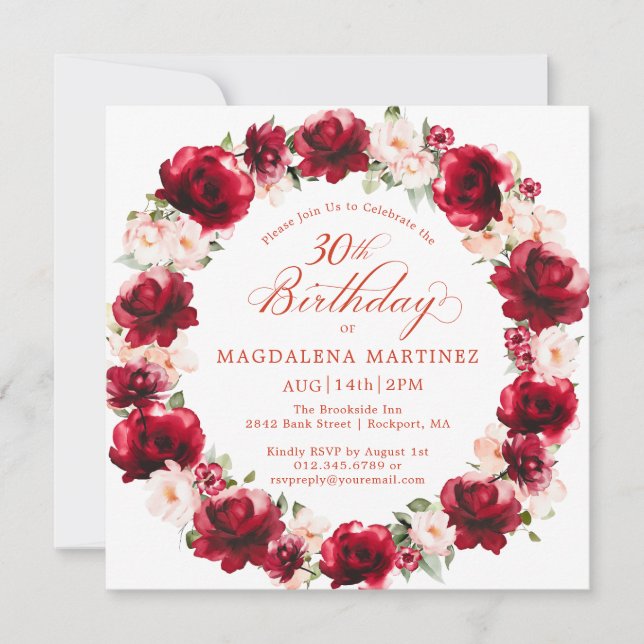 Elegant Red Pink Floral Wreath 30th Birthday Invitation (Front)