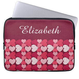 Elegant Red Pink Jigsaw Puzzle Heart Pattern Name Laptop Sleeve