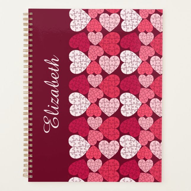 Elegant Red Pink Jigsaw Puzzle Heart Pattern Name Planner (Front)