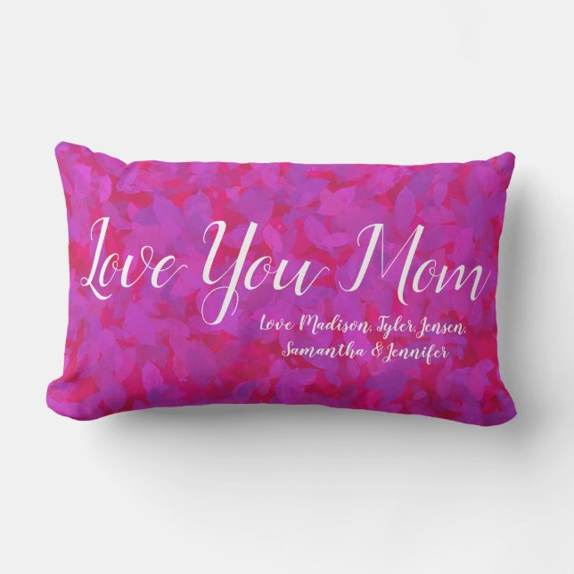 Elegant Red Pink Love You Mom Personalized Names Lumbar Pillow (Front)