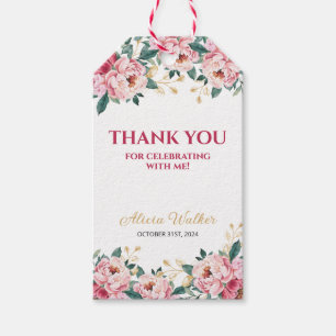 Elegant Red Pink Peony Flower Gold Leaf Birthday  Gift Tags