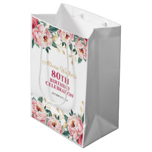 Elegant Red Pink Peony Flower Gold Leaf Birthday  Medium Gift Bag
