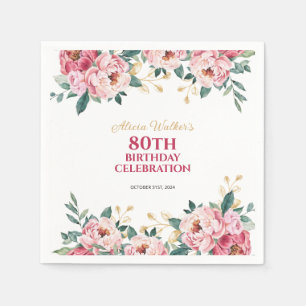 Elegant Red Pink Peony Flower Gold Leaf Birthday  Napkin