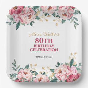 Elegant Red Pink Peony Flower Gold Leaf Birthday  Paper Plate