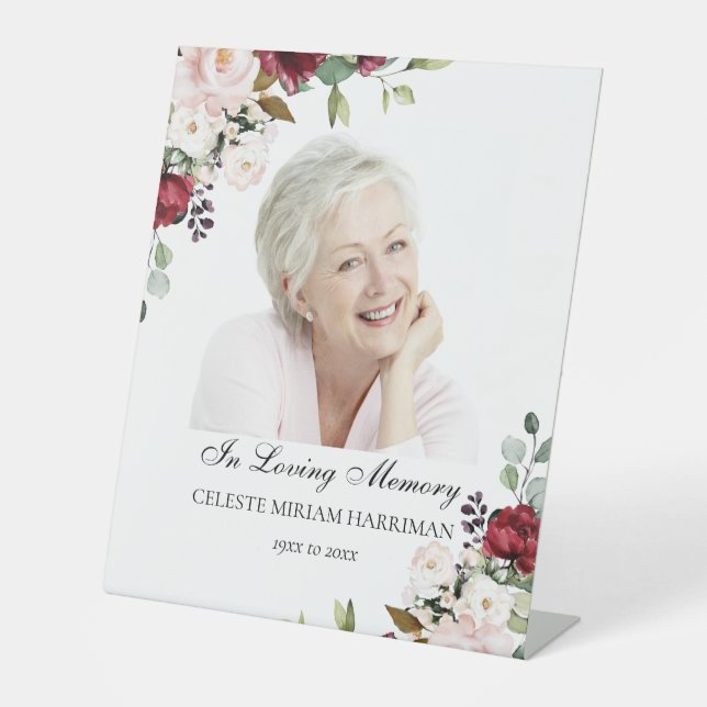 Elegant Red Pink Rose Floral Funeral Photo Pedestal Sign (Front)
