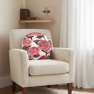 Elegant Red Pink Roses Floral Pattern Watercolor Round Pillow