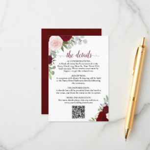 Elegant Red & Pink Roses Wedding Details QR Code Enclosure Card