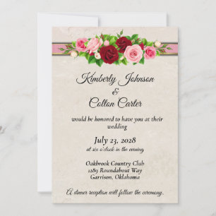Elegant Red & Pink Roses with Gold Wedding  Invitation
