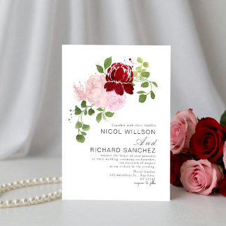 Elegant Red & Pink Summer Floral Wedding  Invitation