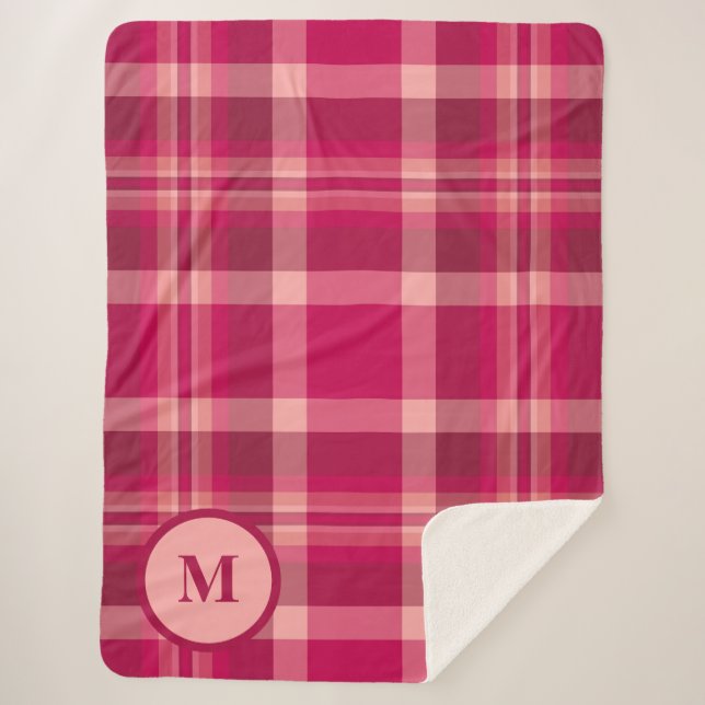 Elegant Red Pink Tartan Pattern Monogram Sherpa Blanket (Front)