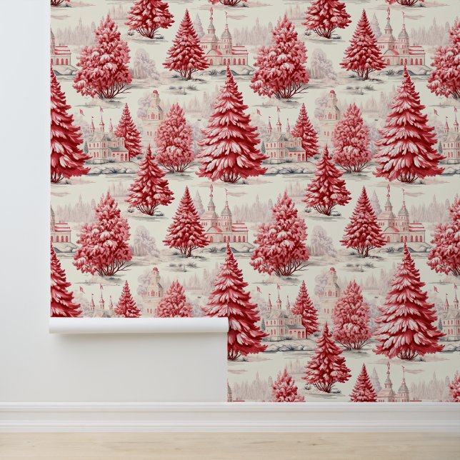Elegant Red Pink Vintage Snowy Christmas Trees Wallpaper (Application)