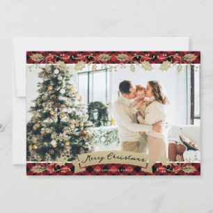 Elegant Red Plaid Botanical Photo Merry Christmas Holiday Card