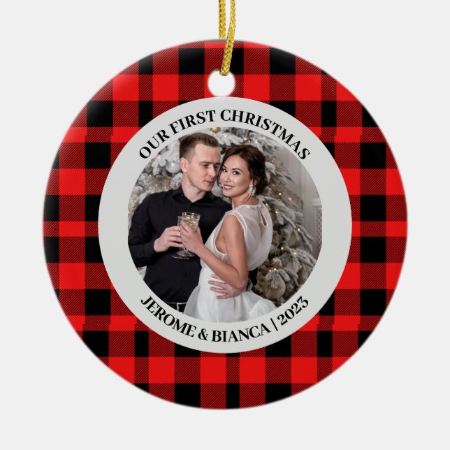 Elegant Red Plaid First Christmas Couple photo Ceramic Ornament (Front)