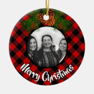 Elegant red plaid pinecone photo template ceramic ornament
