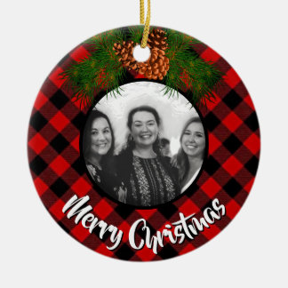 Elegant red plaid pinecone photo template ceramic ornament