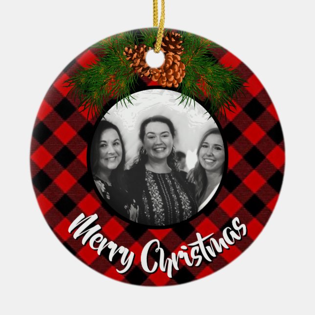 Elegant red plaid pinecone photo template ceramic ornament (Front)
