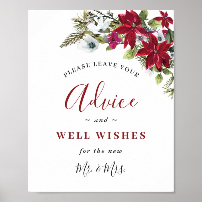 Elegant Red Poinsettia Advice & Wishes Wedding Poster (Front)