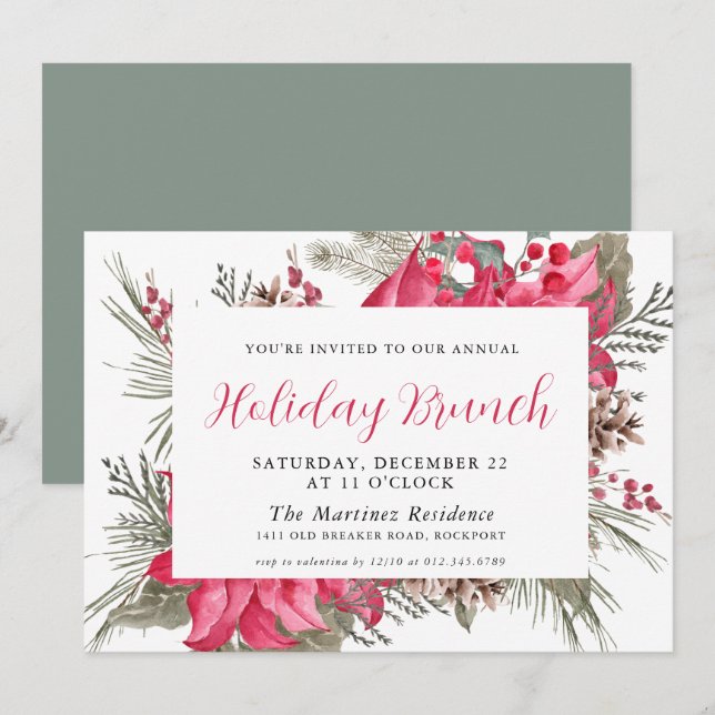 Elegant Red Poinsettia Botanical Holiday Brunch Invitation (Front/Back)