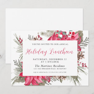 Elegant Red Poinsettia Botanical Holiday Luncheon Invitation