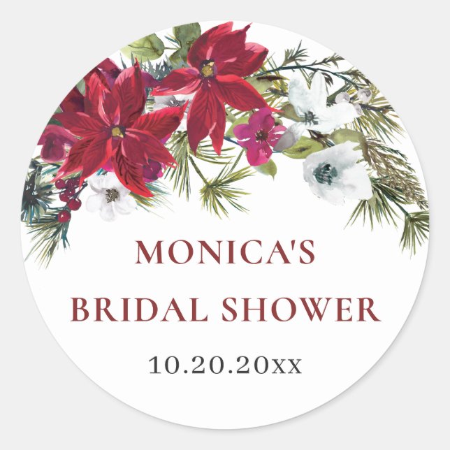 Elegant Red Poinsettia Christmas Bridal Shower Classic Round Sticker (Front)