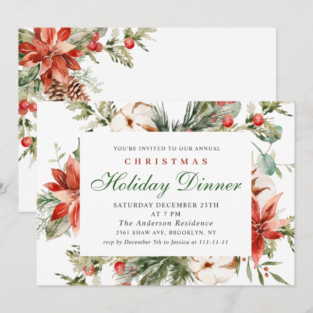 Elegant Red Poinsettia Christmas Holiday Dinner Invitation (Front/Back)