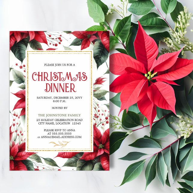 Elegant Red Poinsettia Christmas Holiday Dinner Invitation (Elegant red poinsettia Christmas Holiday dinner party invitation front view.)