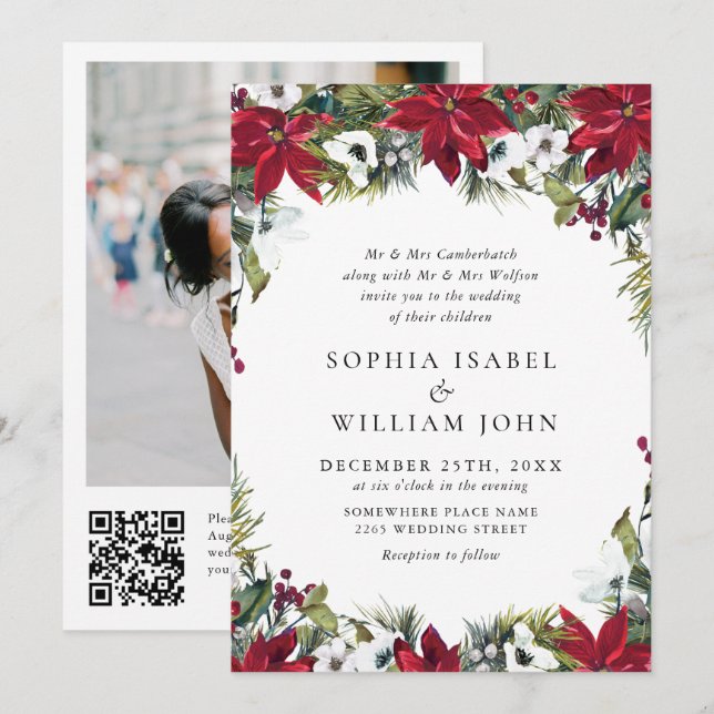 Elegant Red Poinsettia Christmas Photo Wedding Invitation (Front/Back)