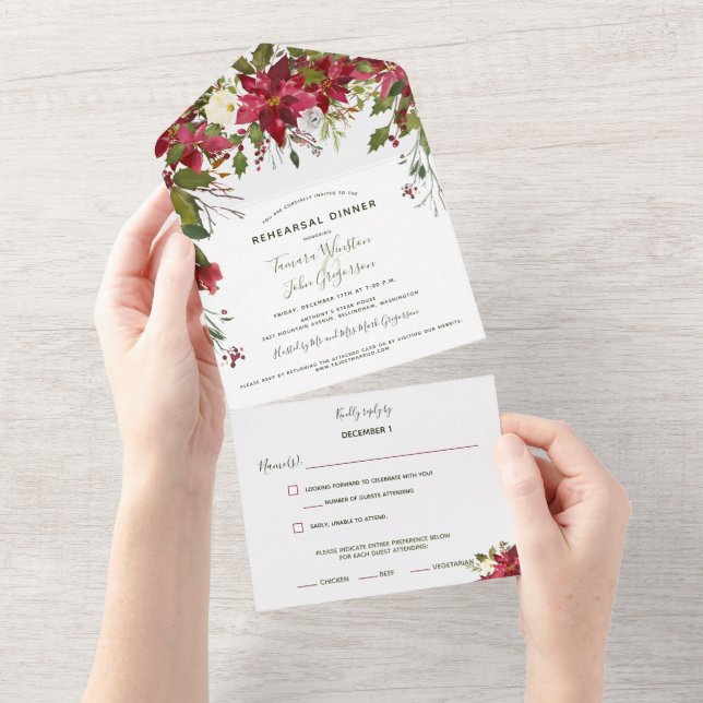Elegant Red Poinsettia Christmas Reheasal Dinner All In One Invitation (Tearaway)