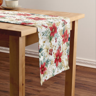 Elegant Red Poinsettia Christmas Short Table Runner