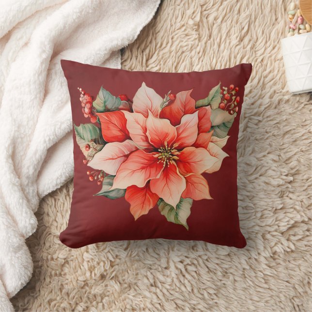 Elegant Red Poinsettia Christmas Throw Pillow (Blanket)