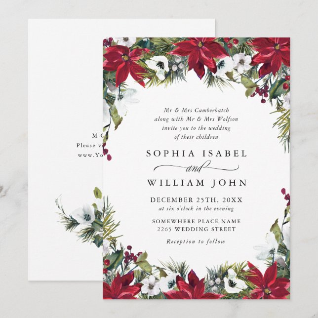 Elegant Red Poinsettia Christmas Wedding Invitation (Front/Back)
