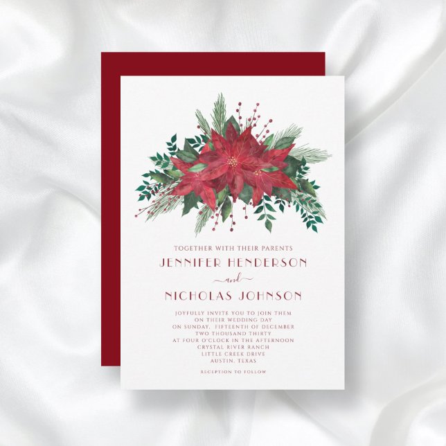 Elegant Red Poinsettia Christmas Wedding  Invitation (Creator Uploaded)