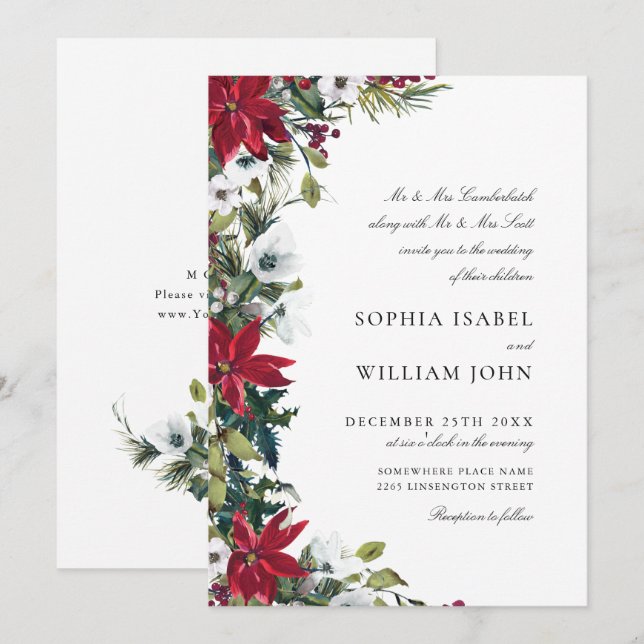 Elegant Red Poinsettia Christmas Wedding Invitation (Front/Back)