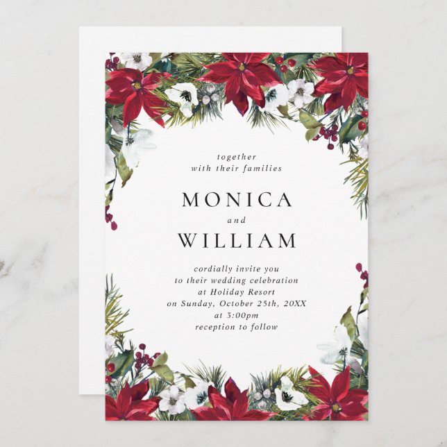 Elegant Red Poinsettia Christmas Wedding Invitation (Front/Back)