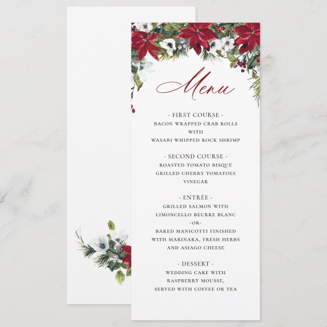 Elegant Red Poinsettia Christmas Wedding Menu Invitation (Front/Back)