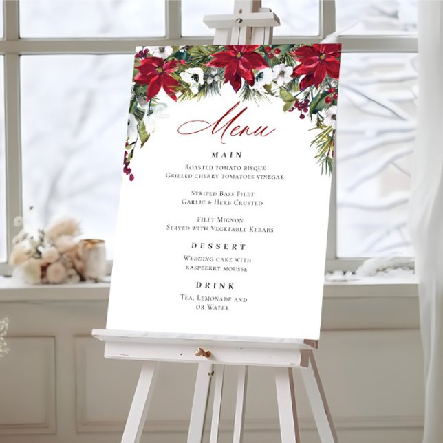 Elegant Red Poinsettia Christmas Wedding Menu Poster (Creator Uploaded)