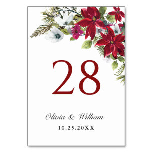 Elegant Red Poinsettia Christmas Wedding Table Number