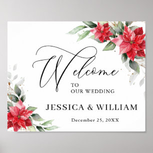 Elegant Red Poinsettia Eucalyptus Wedding Welcome Poster